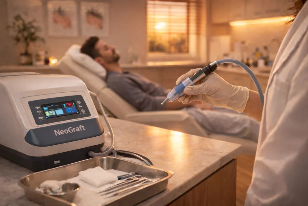 NeoGraft hair transplant procedure performed in modern clinic treatment room