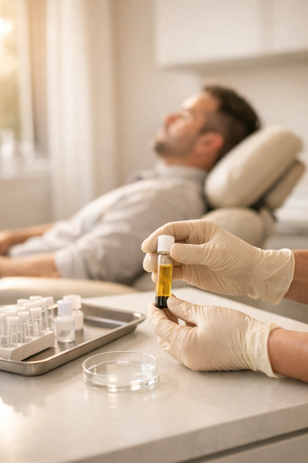 Clinician’s gloved hands preparing a labeled PRP vial on a clean clinic counter, patient relaxed in background.