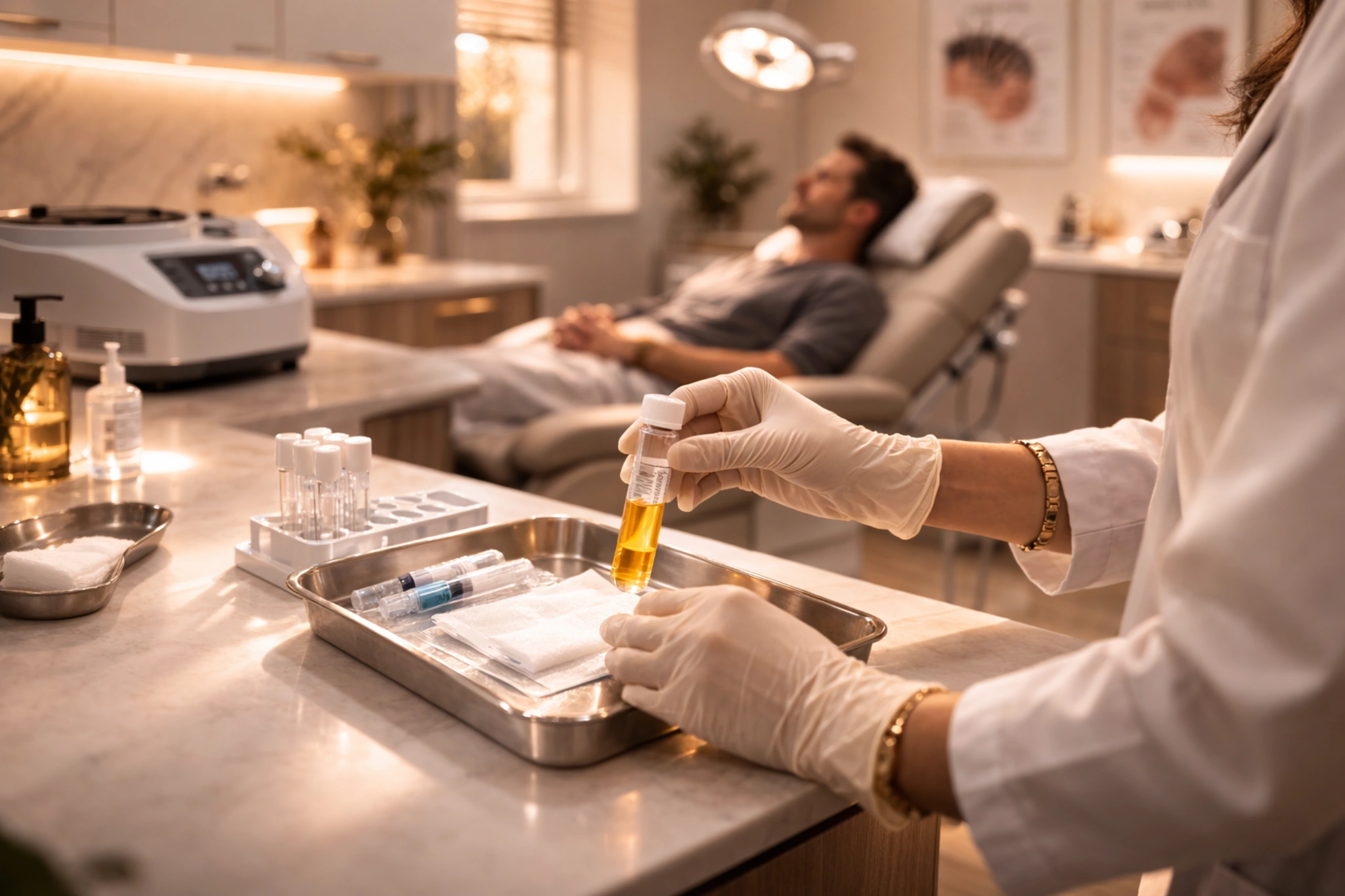 RP hair restoration procedure preparing platelet rich plasma in clinical treatment room Title: PRP Hair Restoration Preparation