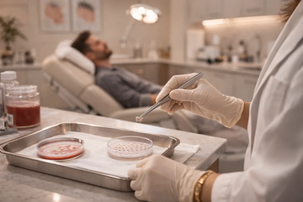 air transplant treatment serum vial and injection equipment prepared in medical clinic