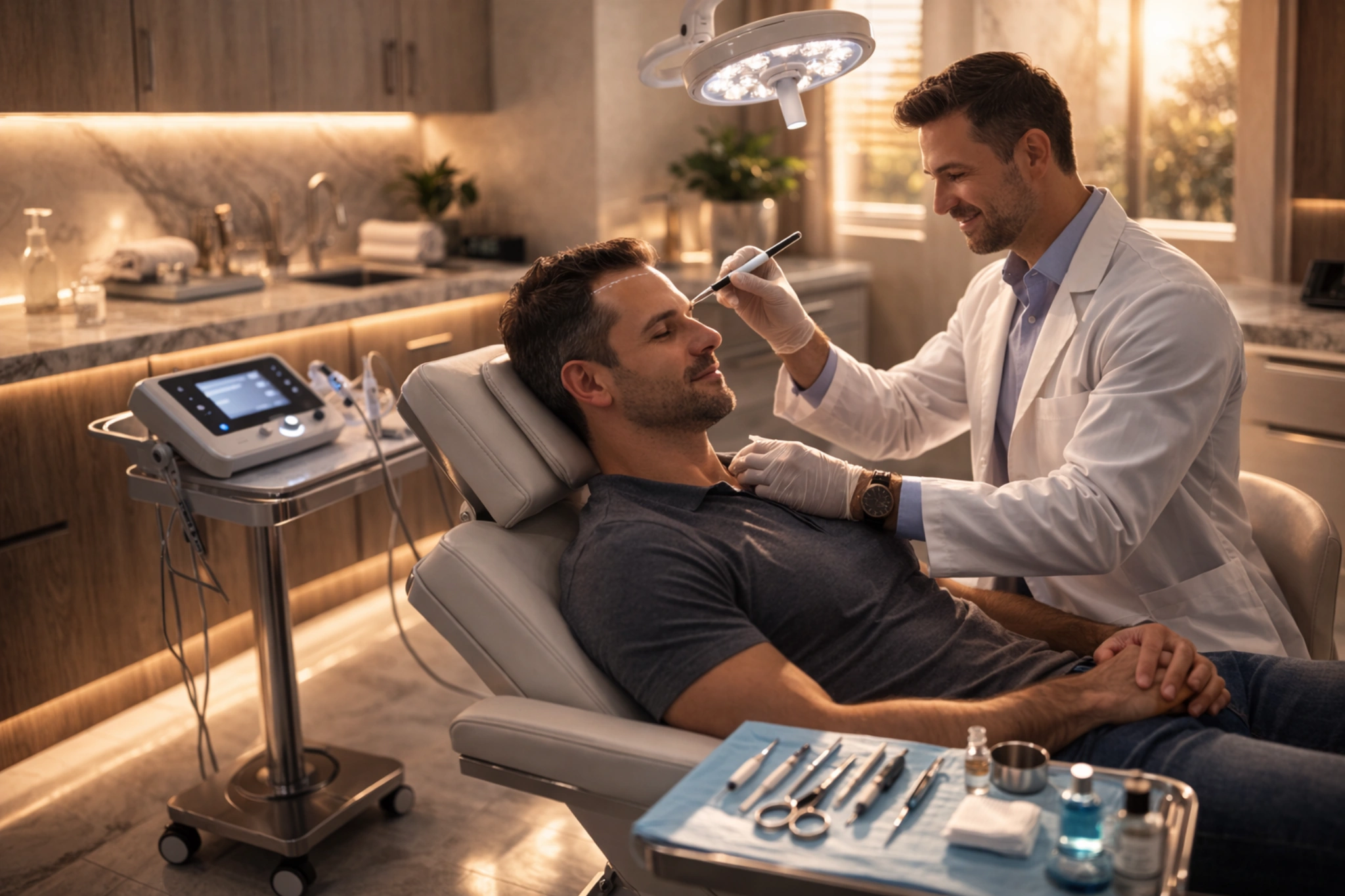Male patient relaxing in a treatment chair while a male clinician provides reassurance beside a tray of hair restoration tools in a modern clinic.
