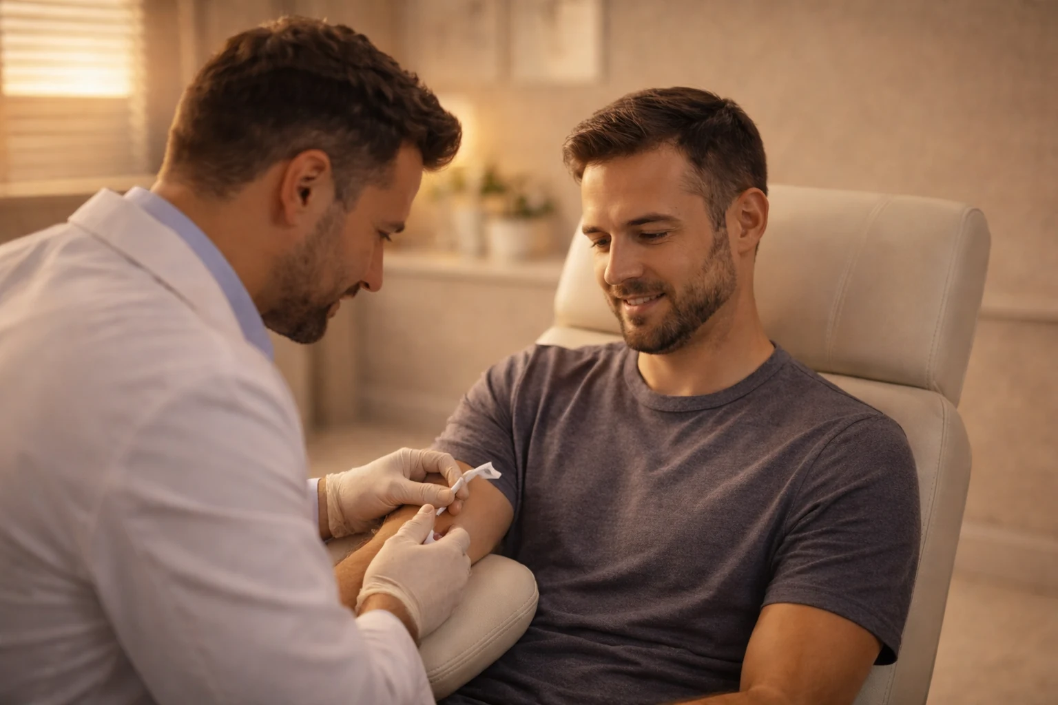 Male doctor drawing blood from a male client in a warm modern clinic setting