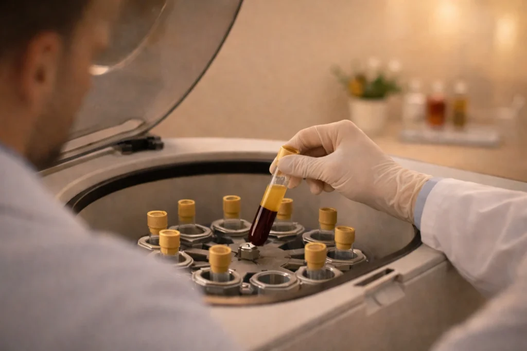Gloved hand placing a blood sample tube into a centrifuge to isolate platelet-rich plasma in a warm modern lab