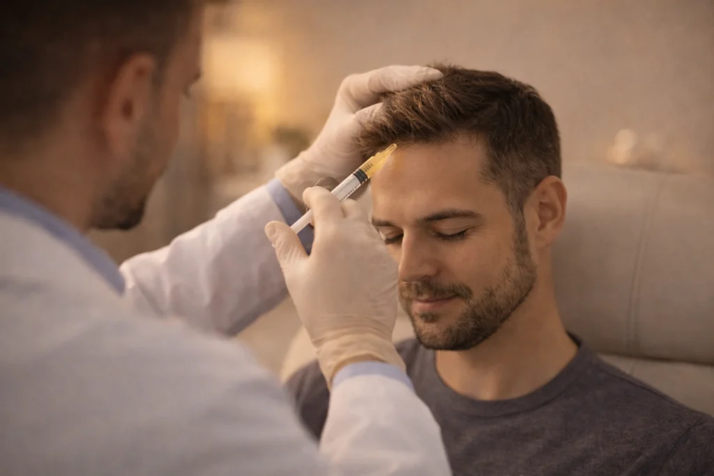 administering a PRP injection at a male client’s hairline in a warm modern clinic setting