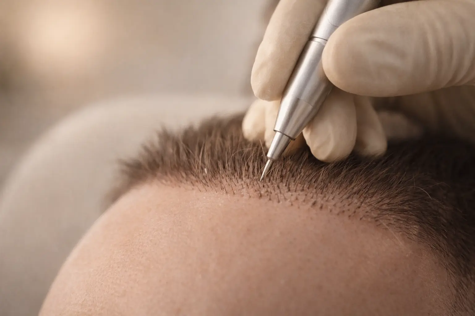 Close-up of FUE hair transplant graft implantation into the hairline using a precision implanter tool