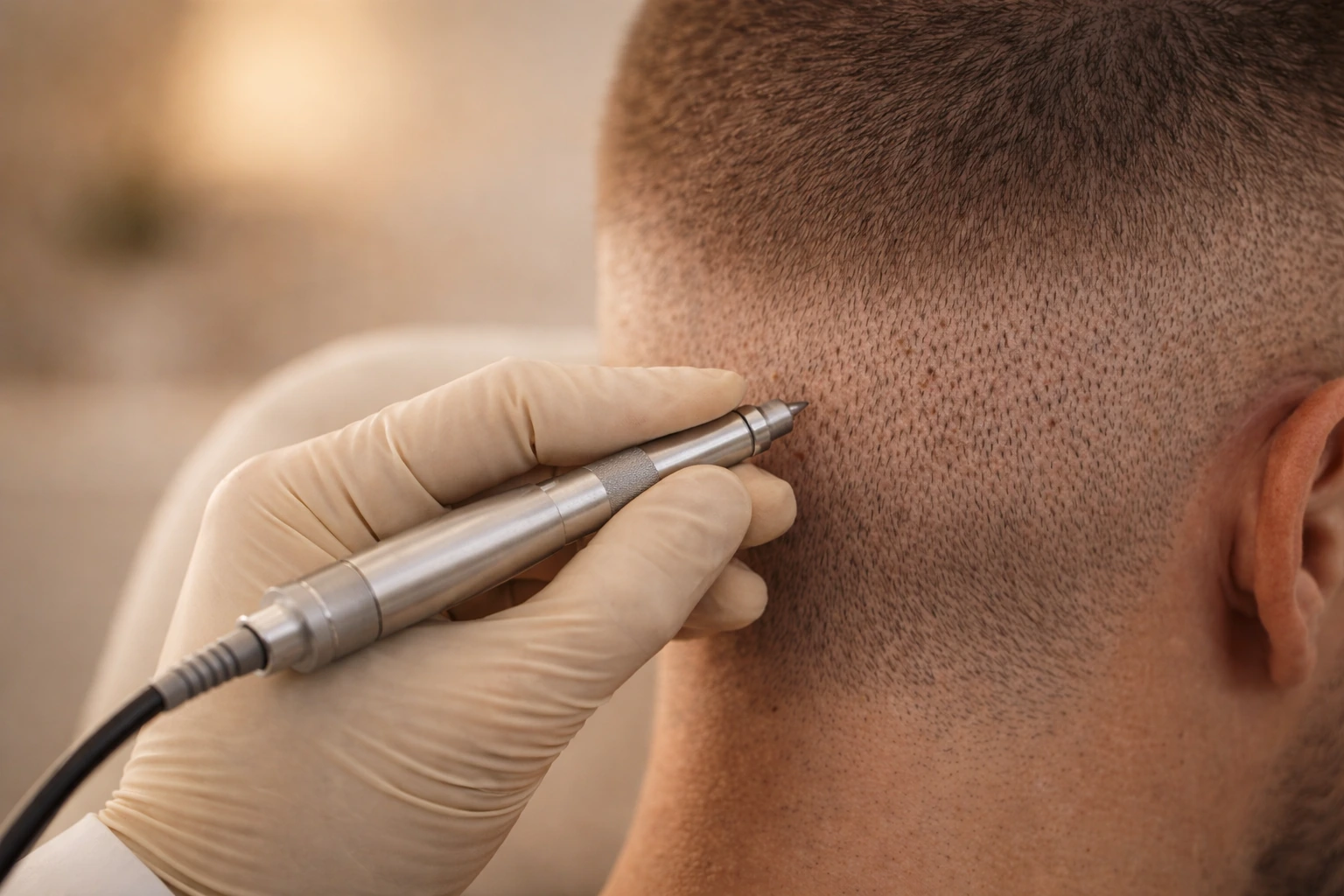 Close-up of FUE hair transplant extraction from the donor area using a precision micro-punch tool