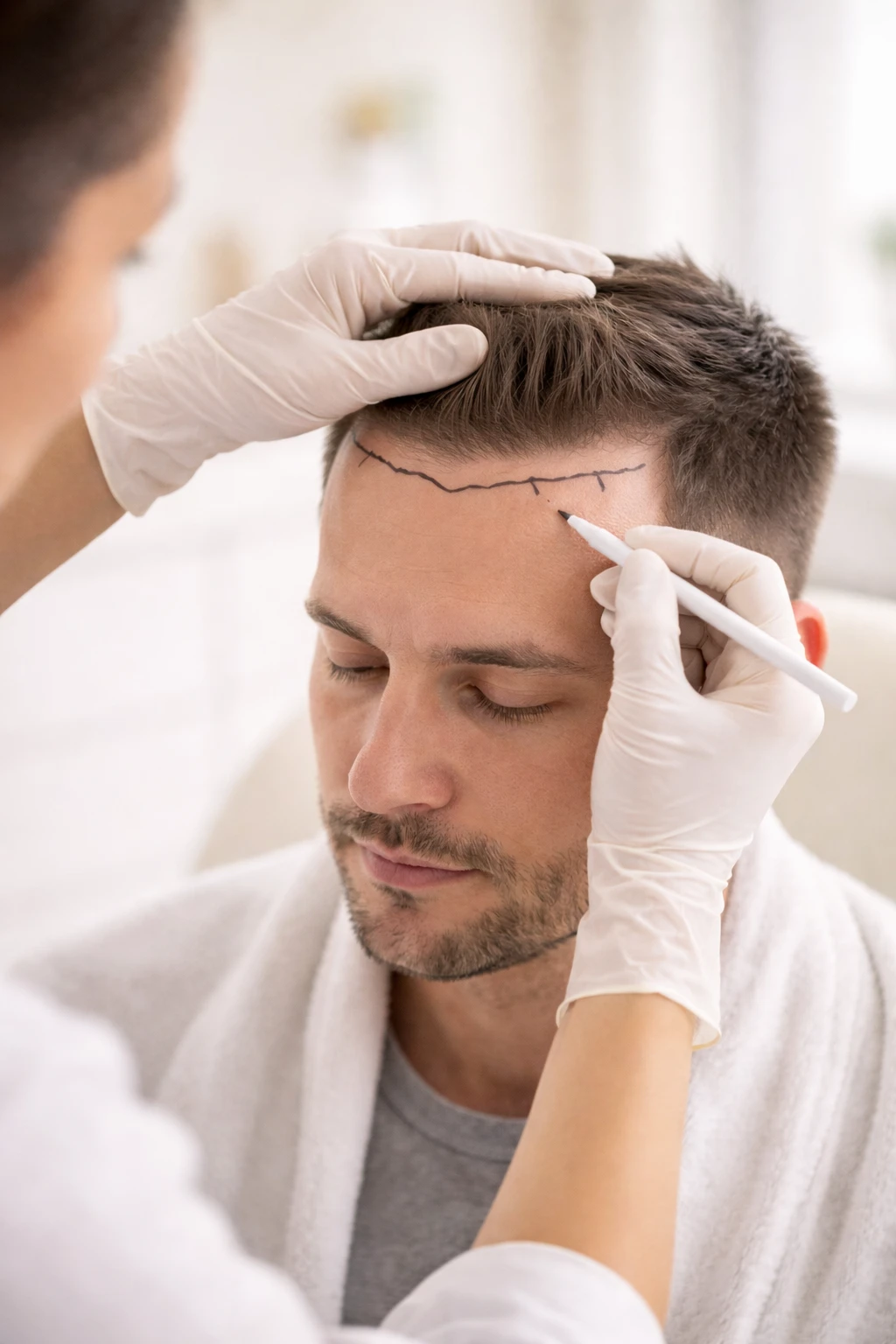 Doctor designing a natural hairline on a male patient during hair restoration consultation.