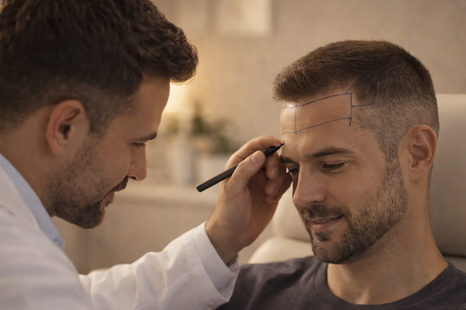Doctor mapping a patient’s hairline during a hair transplant consultation in a modern clinic